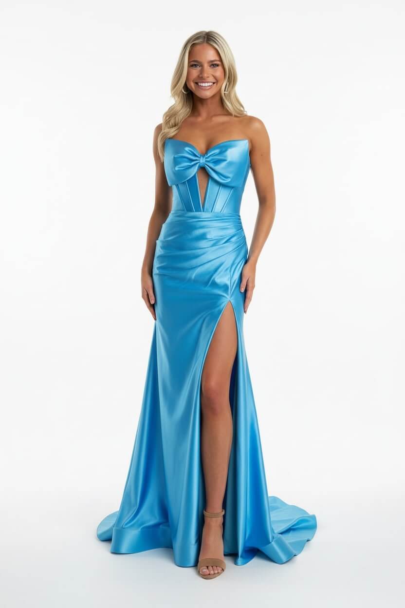 Dreamyannie Corset Red Prom Dress Satin Sweetheart Formal Dress With Slit