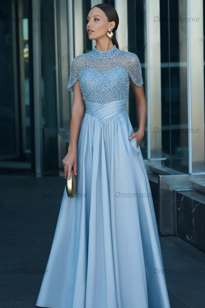 Green A Line Prom Dress Short Sleeve High Neck Beaded Formal Dress