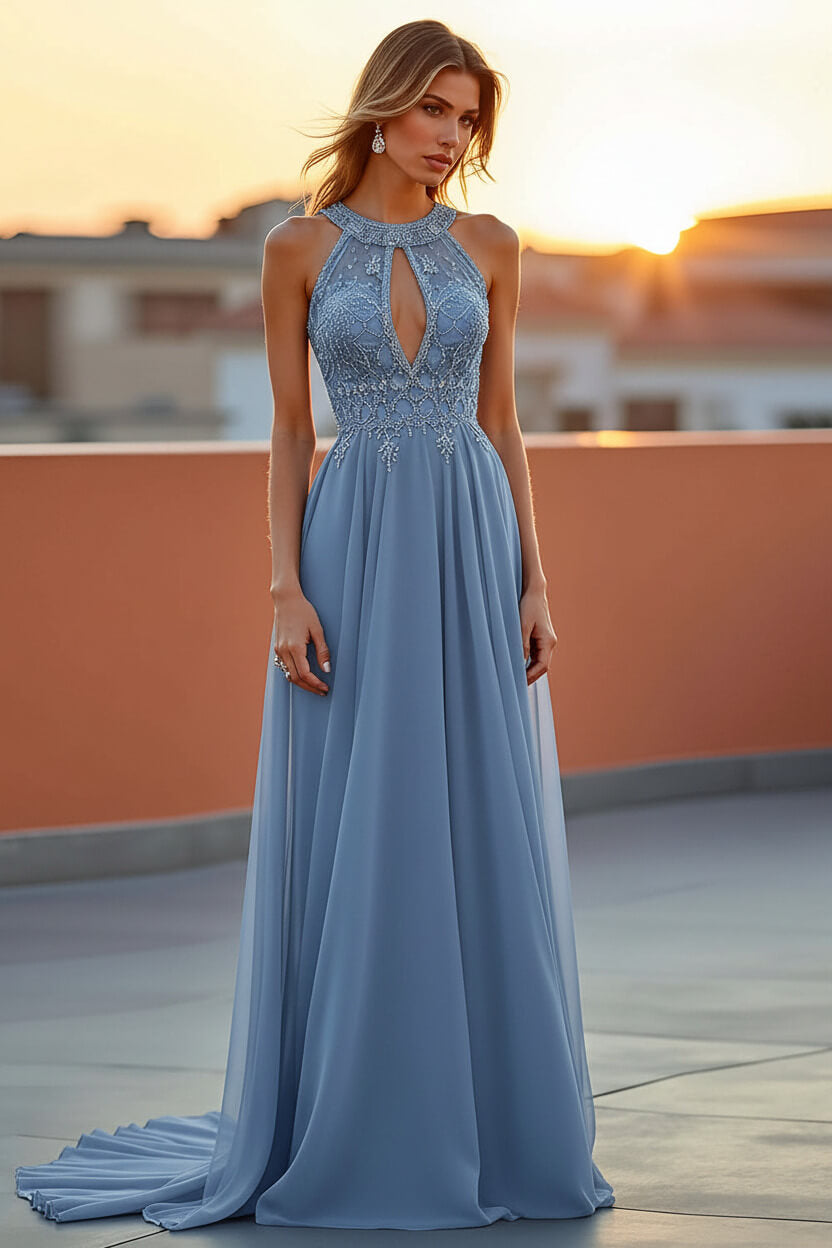 Dreamyannie Beaded Navy Wedding Guest Dress Halter Long Formal Dress With Embroideries