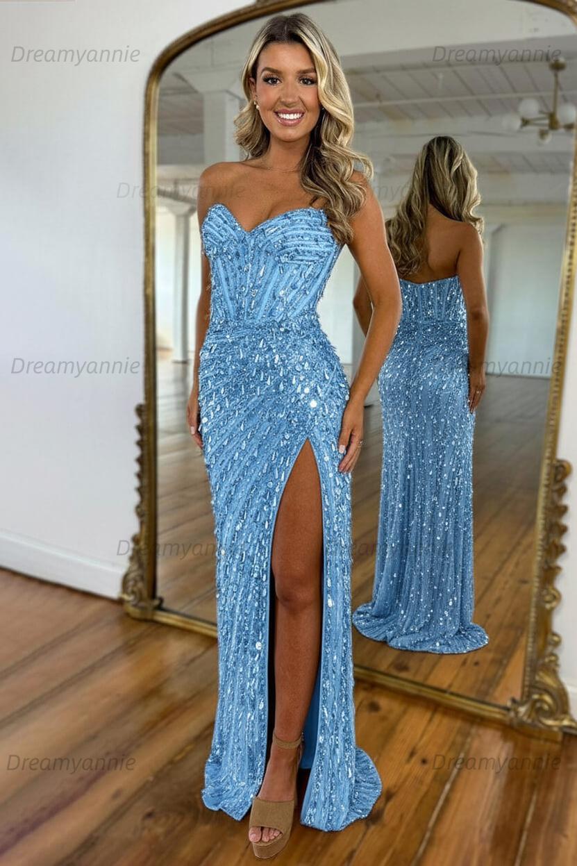 Dreamyannie Sweetheart Mermaid Sequined Prom Dress With High Slit Skirt Formal  Evening Gown