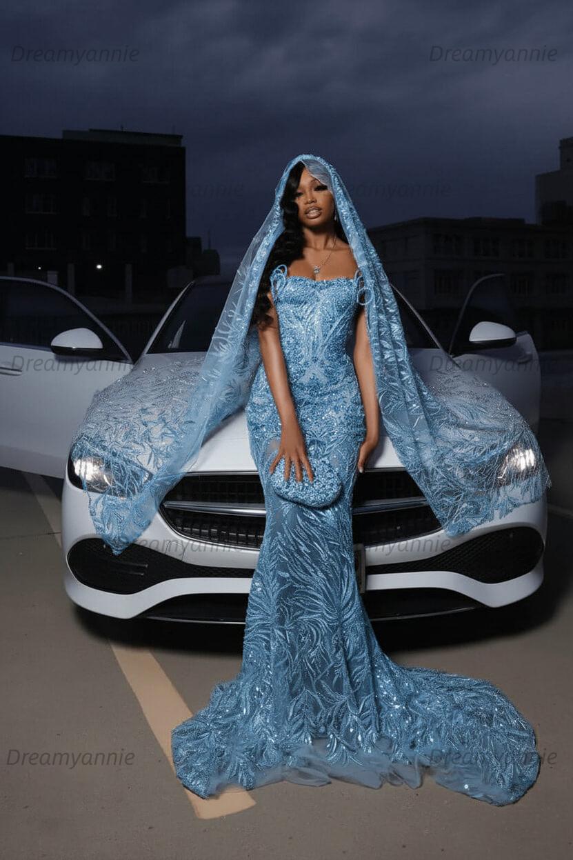 Strapless Silver Prom Dress Sequined Tulle Mermaid Formal Evening Dress