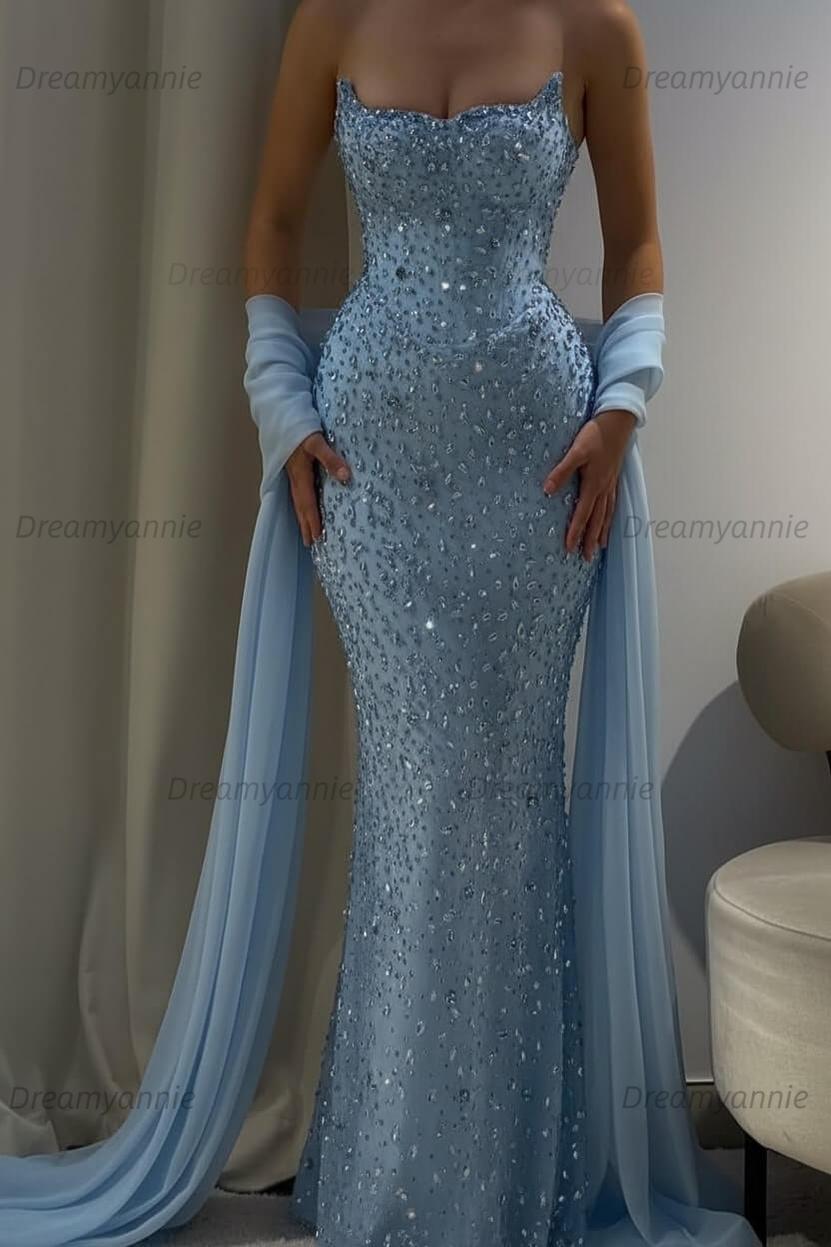 Pink Mermaid Prom Dress Strapless Beaded Formal Dress