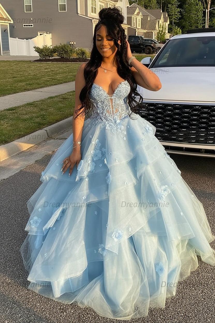 Dreamyannie Sage Prom Dress Floral Tiered Ruffles A-Line Sweetheart Corset Long Formal Dress