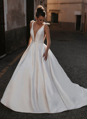 Sleek Ball Gown Satin V Neck Bridal Gowns