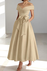 Sleeveless Off the Shoulder A Line Ankle Length Mother of the Bride Dresses with Pockets