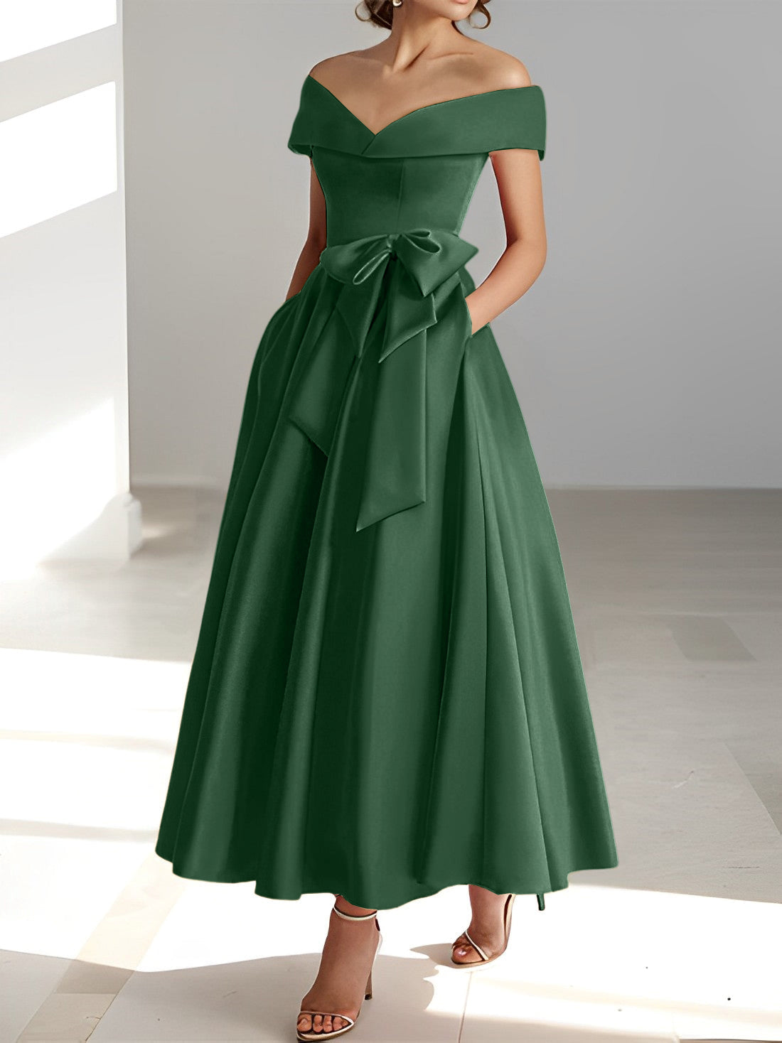 Sleeveless Off the Shoulder A Line Ankle Length Mother of the Bride Dresses with Pockets