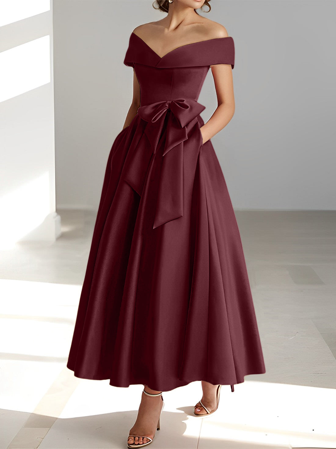 Sleeveless Off the Shoulder A Line Ankle Length Mother of the Bride Dresses with Pockets