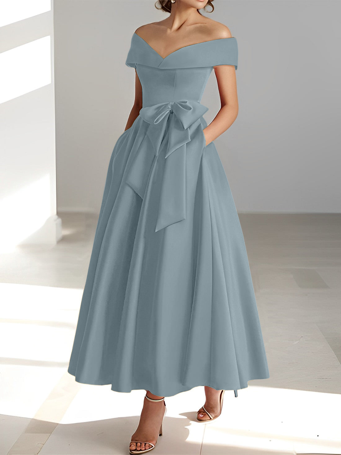 Sleeveless Off the Shoulder A Line Ankle Length Mother of the Bride Dresses with Pockets