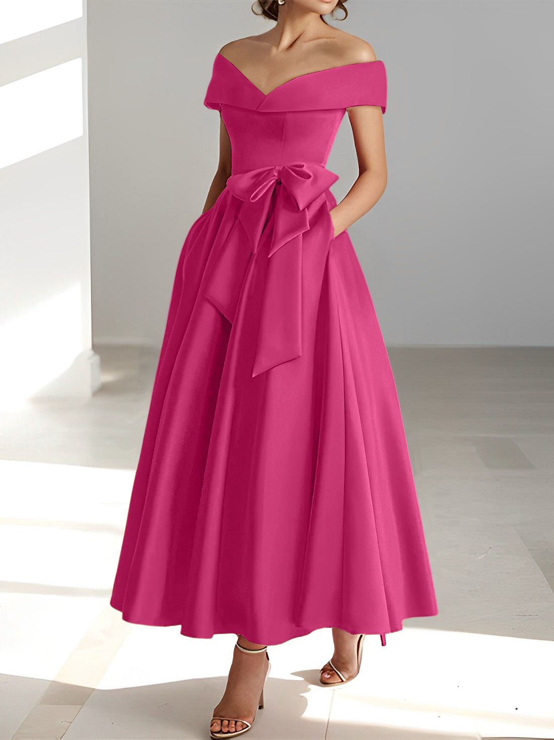Sleeveless Off the Shoulder A Line Ankle Length Mother of the Bride Dresses with Pockets