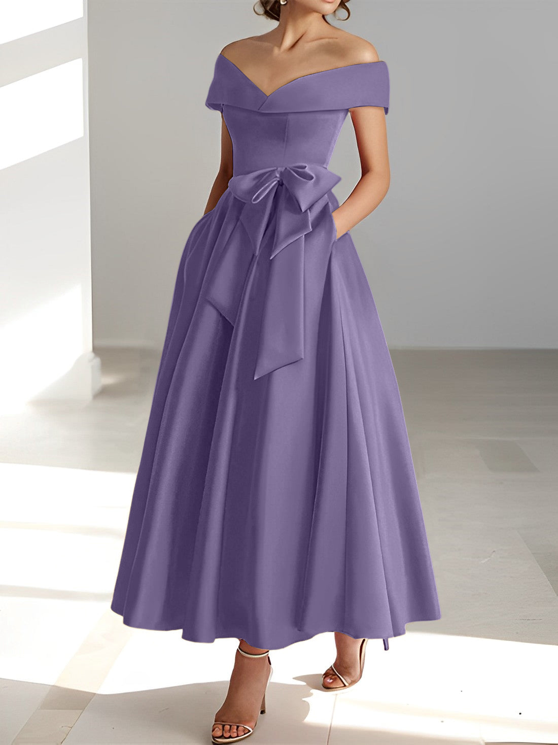 Sleeveless Off the Shoulder A Line Ankle Length Mother of the Bride Dresses with Pockets