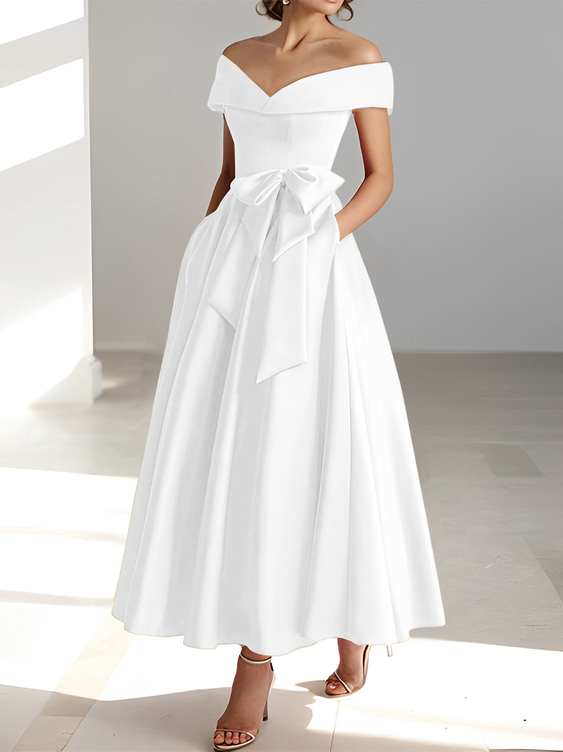 Sleeveless Off the Shoulder A Line Ankle Length Mother of the Bride Dresses with Pockets