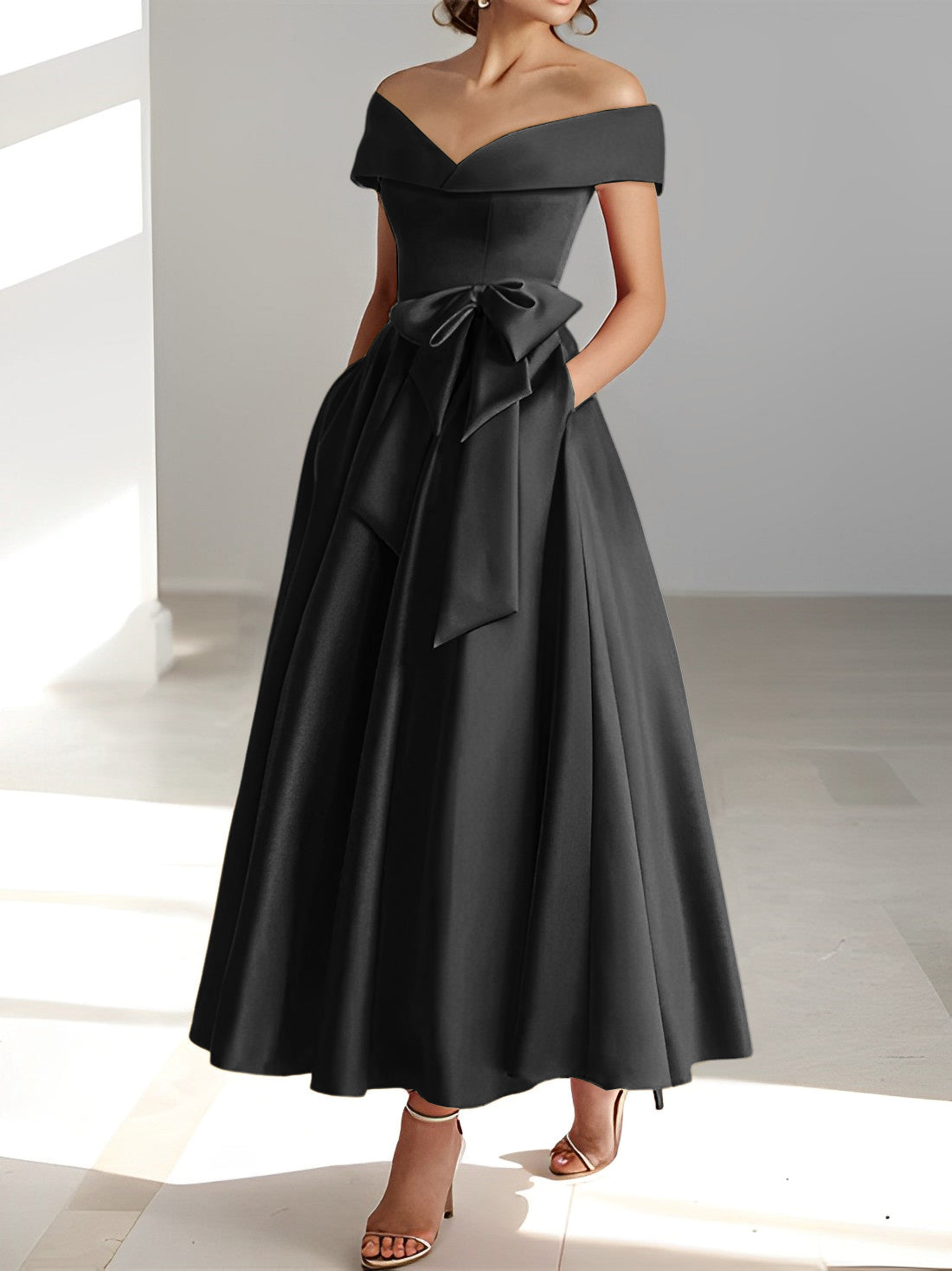 Sleeveless Off the Shoulder A Line Ankle Length Mother of the Bride Dresses with Pockets
