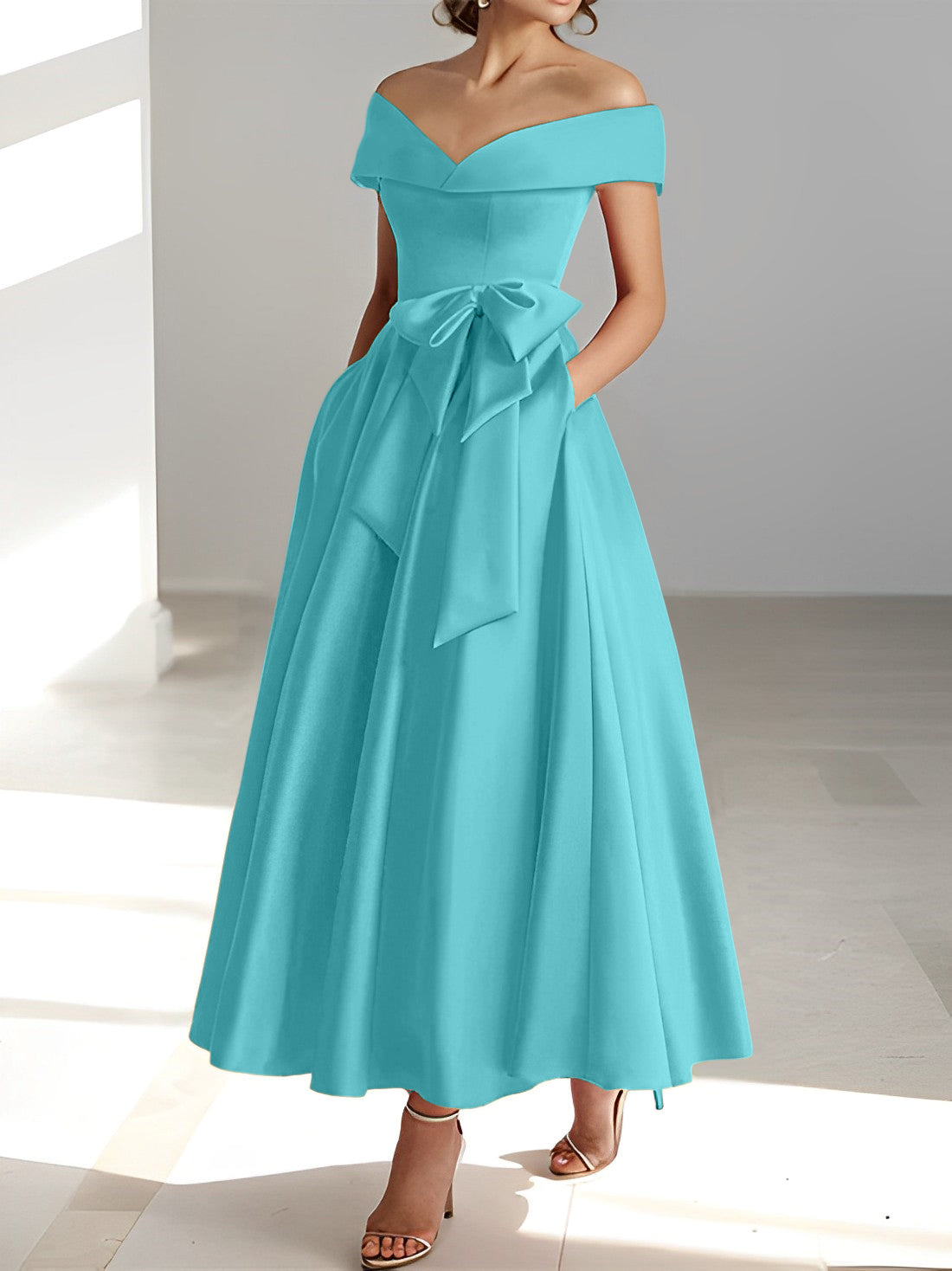 Sleeveless Off the Shoulder A Line Ankle Length Mother of the Bride Dresses with Pockets