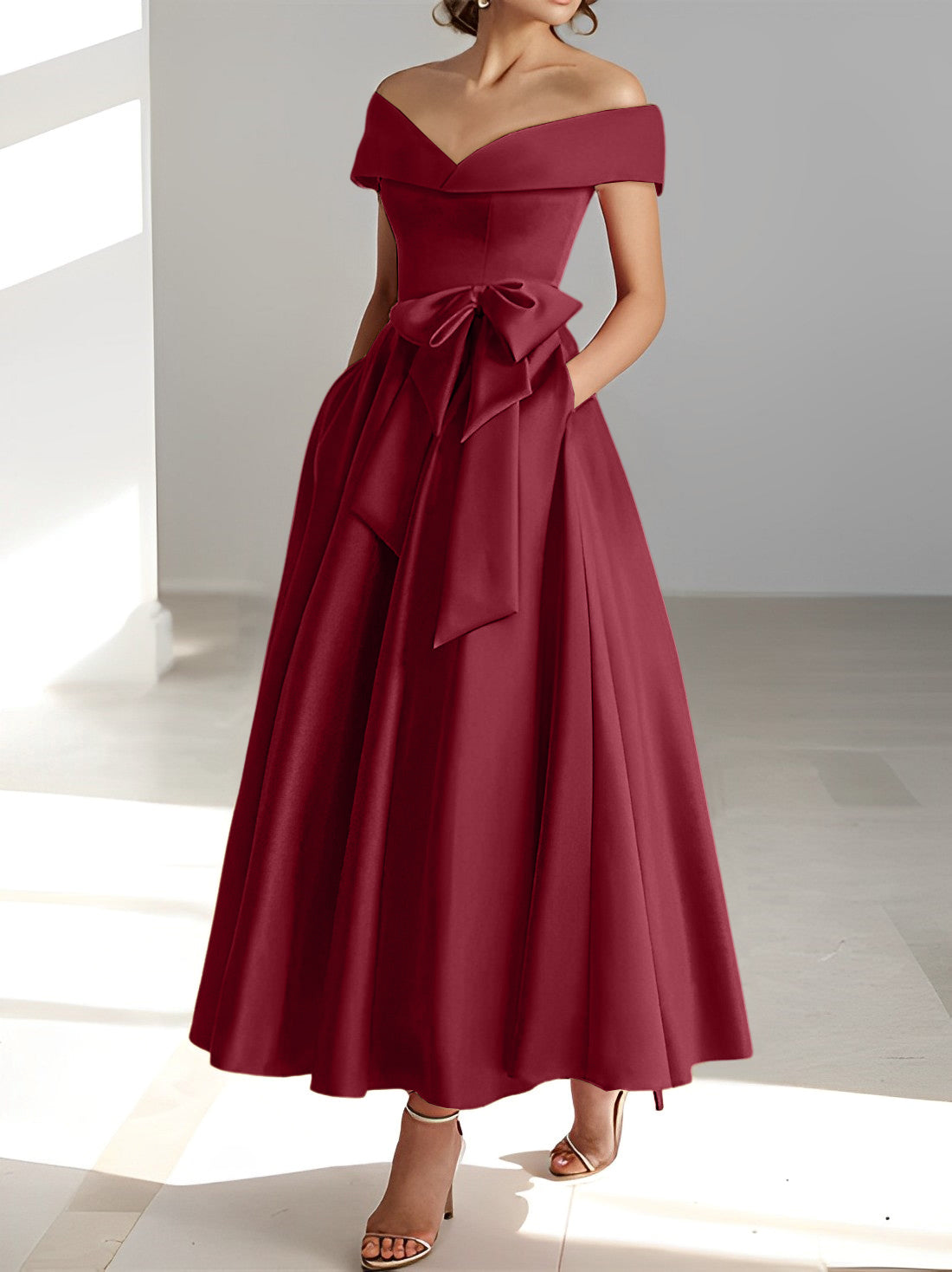 Sleeveless Off the Shoulder A Line Ankle Length Mother of the Bride Dresses with Pockets