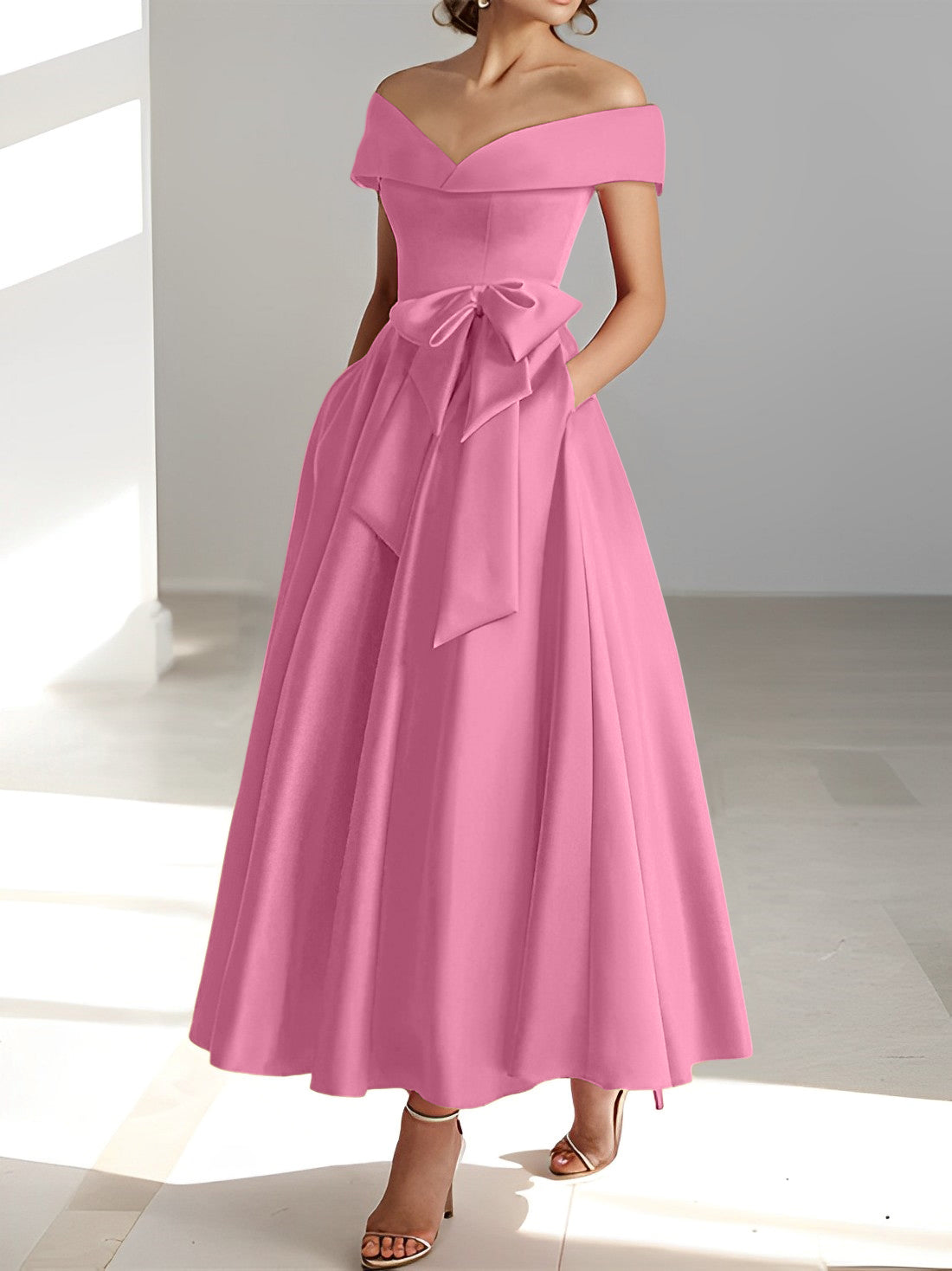 Sleeveless Off the Shoulder A Line Ankle Length Mother of the Bride Dresses with Pockets