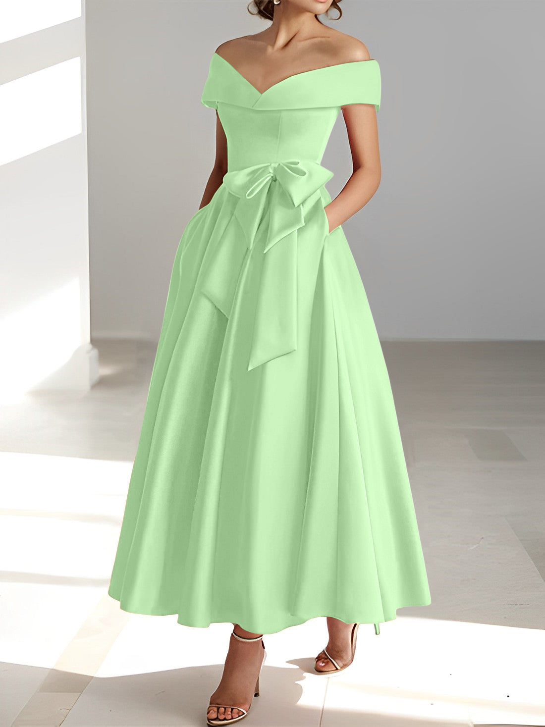 Sleeveless Off the Shoulder A Line Ankle Length Mother of the Bride Dresses with Pockets
