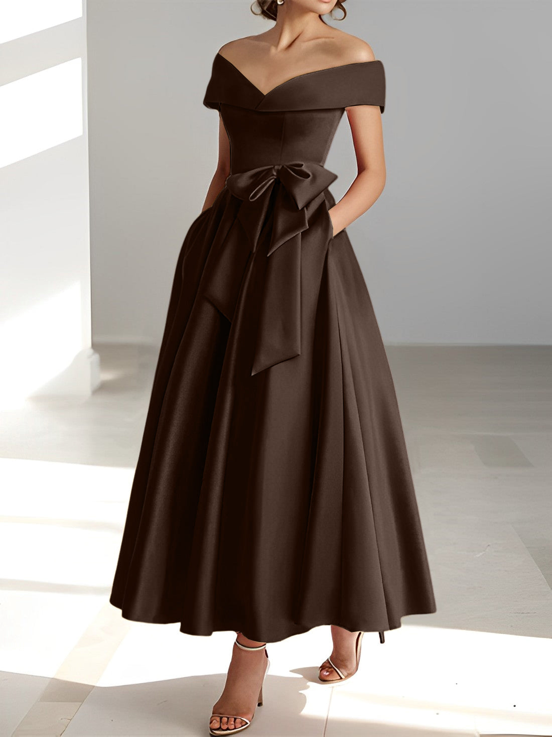 Sleeveless Off the Shoulder A Line Ankle Length Mother of the Bride Dresses with Pockets