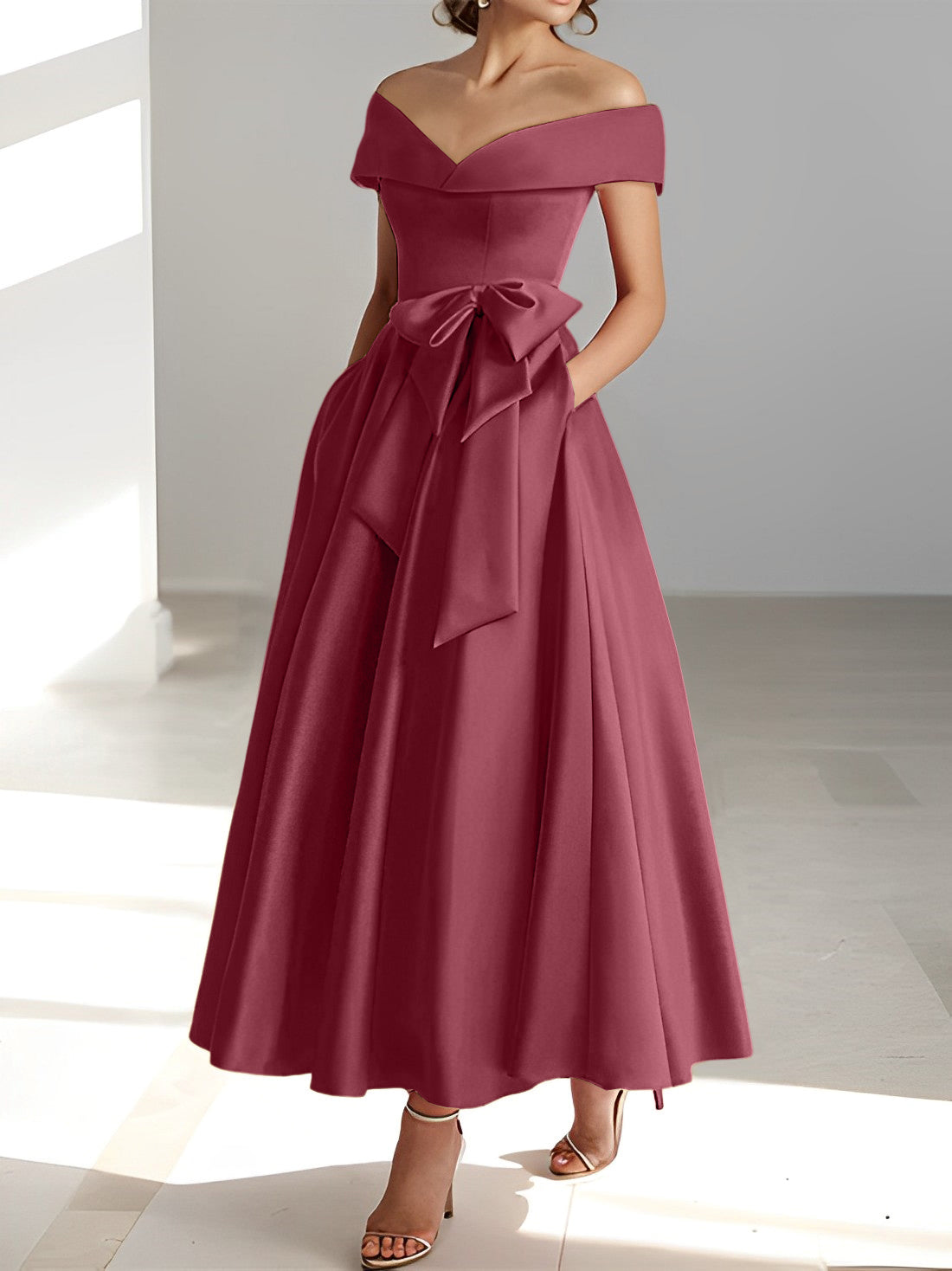 Sleeveless Off the Shoulder A Line Ankle Length Mother of the Bride Dresses with Pockets