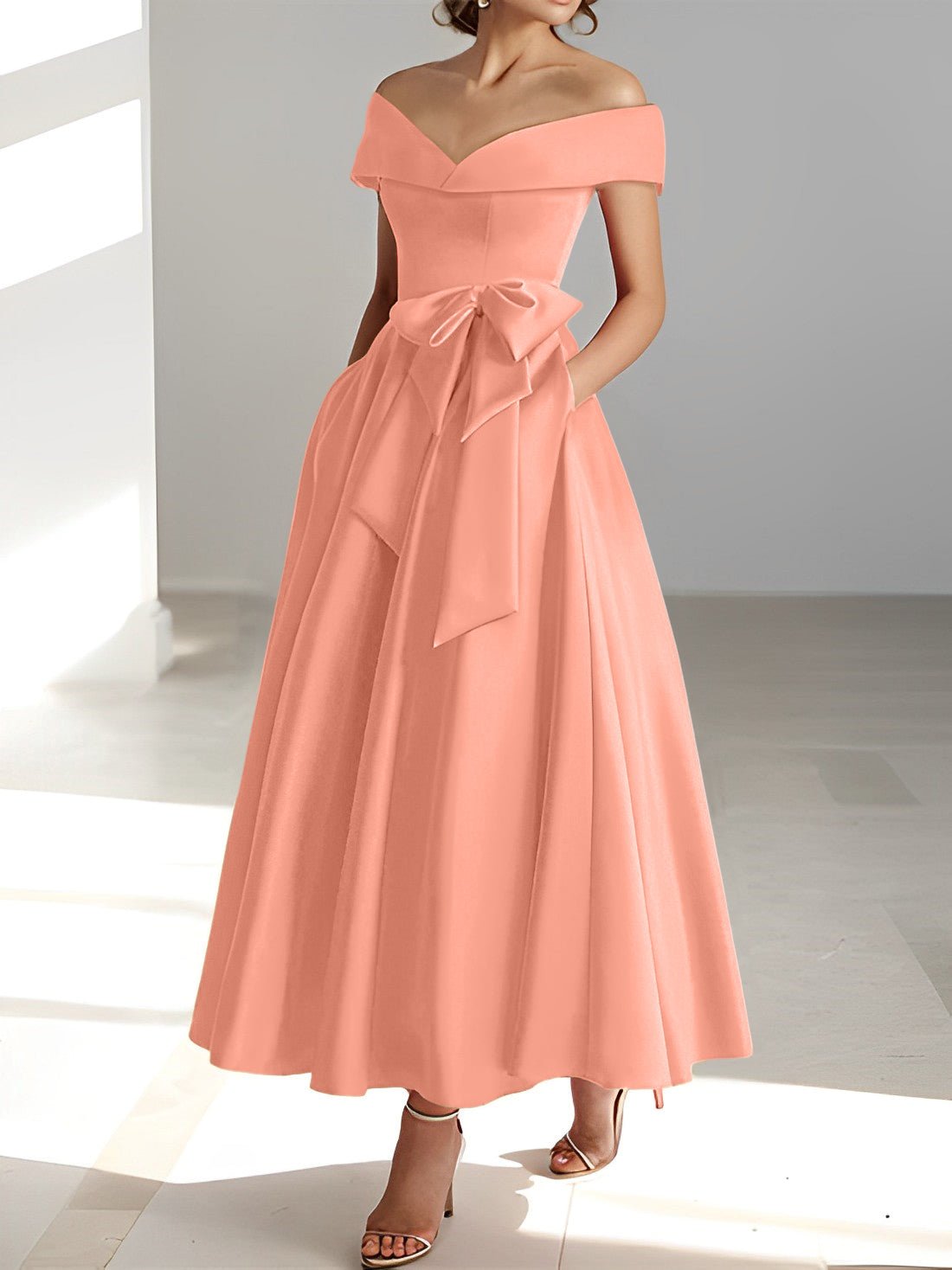 Sleeveless Off the Shoulder A Line Ankle Length Mother of the Bride Dresses with Pockets