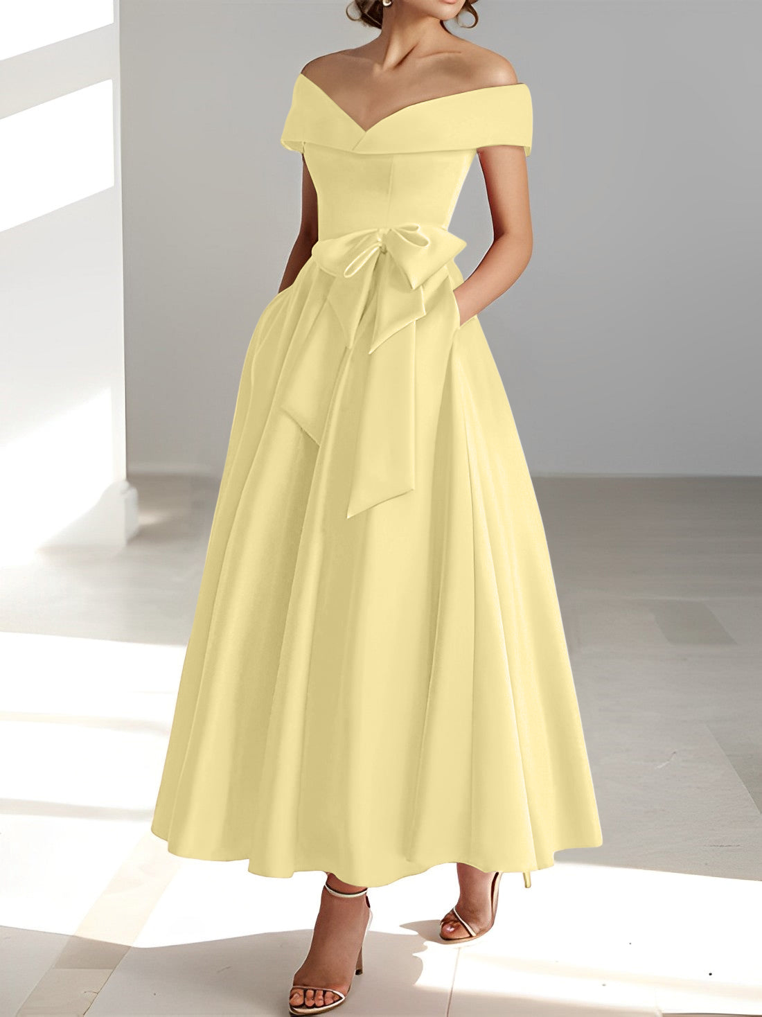 Sleeveless Off the Shoulder A Line Ankle Length Mother of the Bride Dresses with Pockets