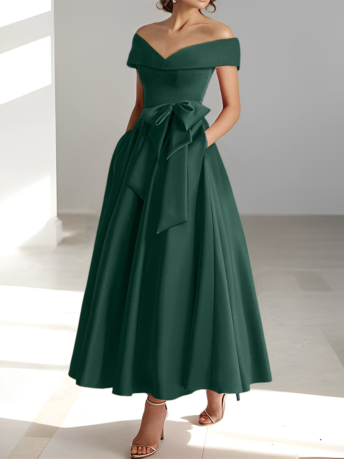 Sleeveless Off the Shoulder A Line Ankle Length Mother of the Bride Dresses with Pockets