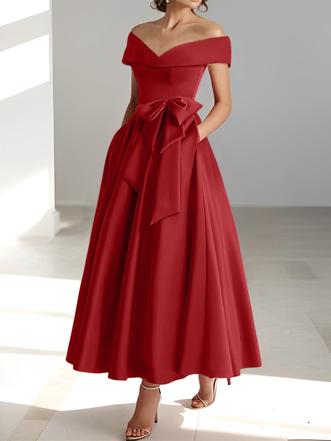 Sleeveless Off the Shoulder A Line Ankle Length Mother of the Bride Dresses with Pockets