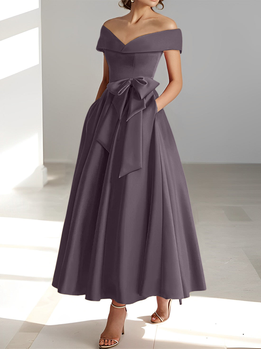 Sleeveless Off the Shoulder A Line Ankle Length Mother of the Bride Dresses with Pockets