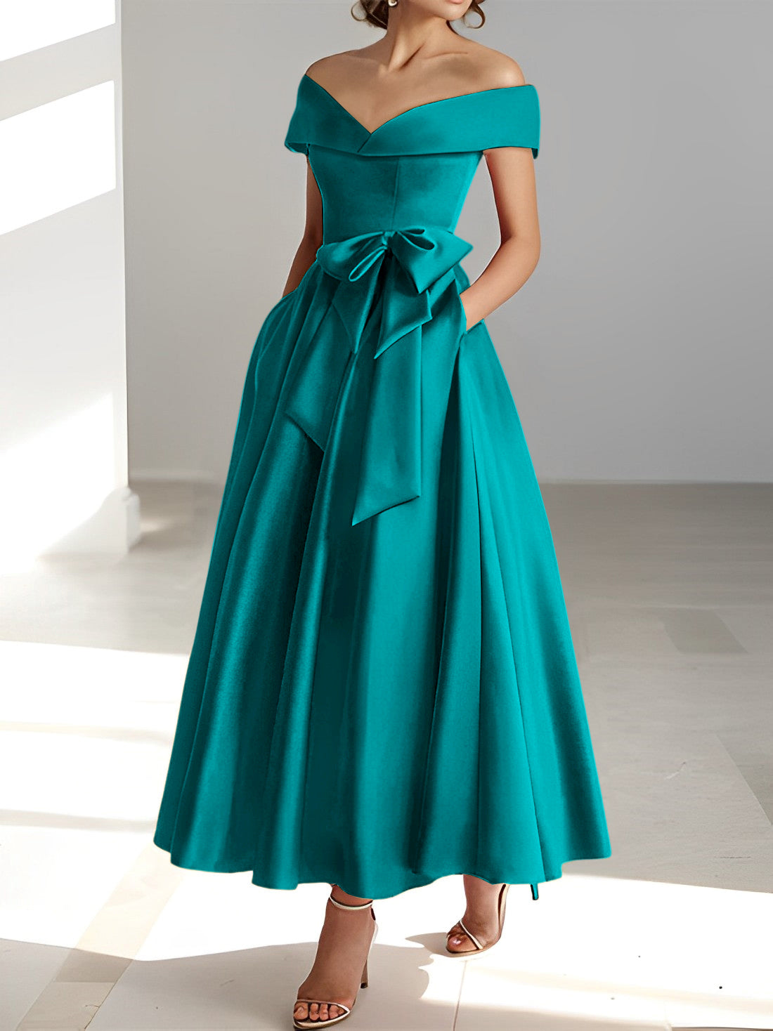 Sleeveless Off the Shoulder A Line Ankle Length Mother of the Bride Dresses with Pockets