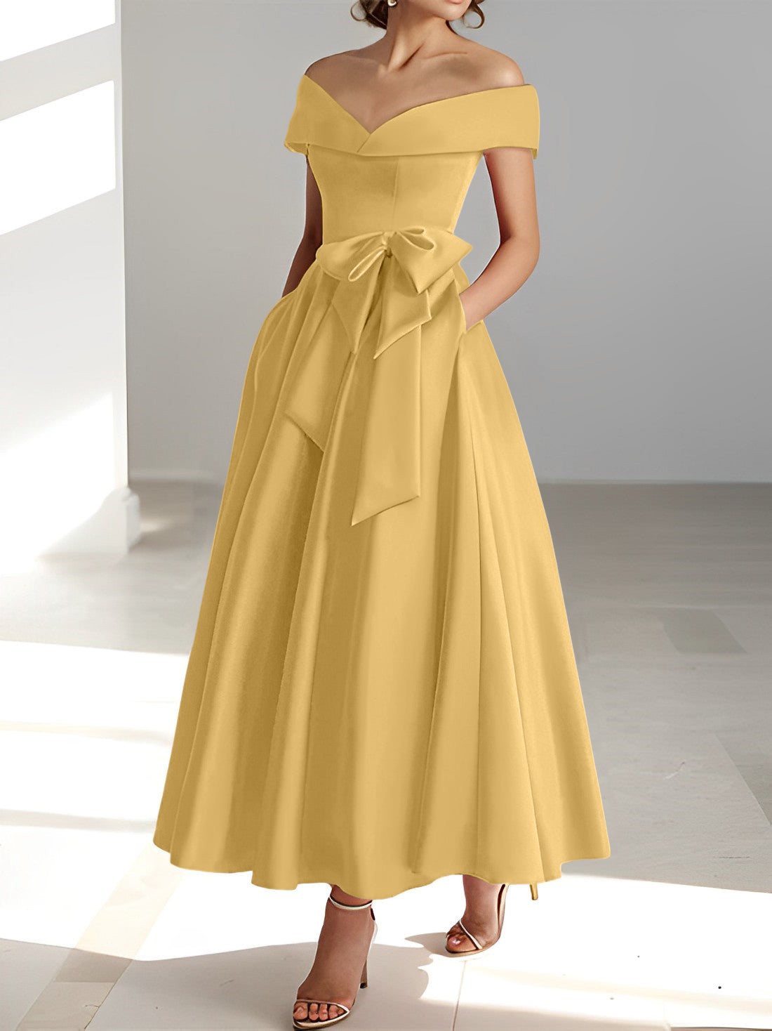 Sleeveless Off the Shoulder A Line Ankle Length Mother of the Bride Dresses with Pockets