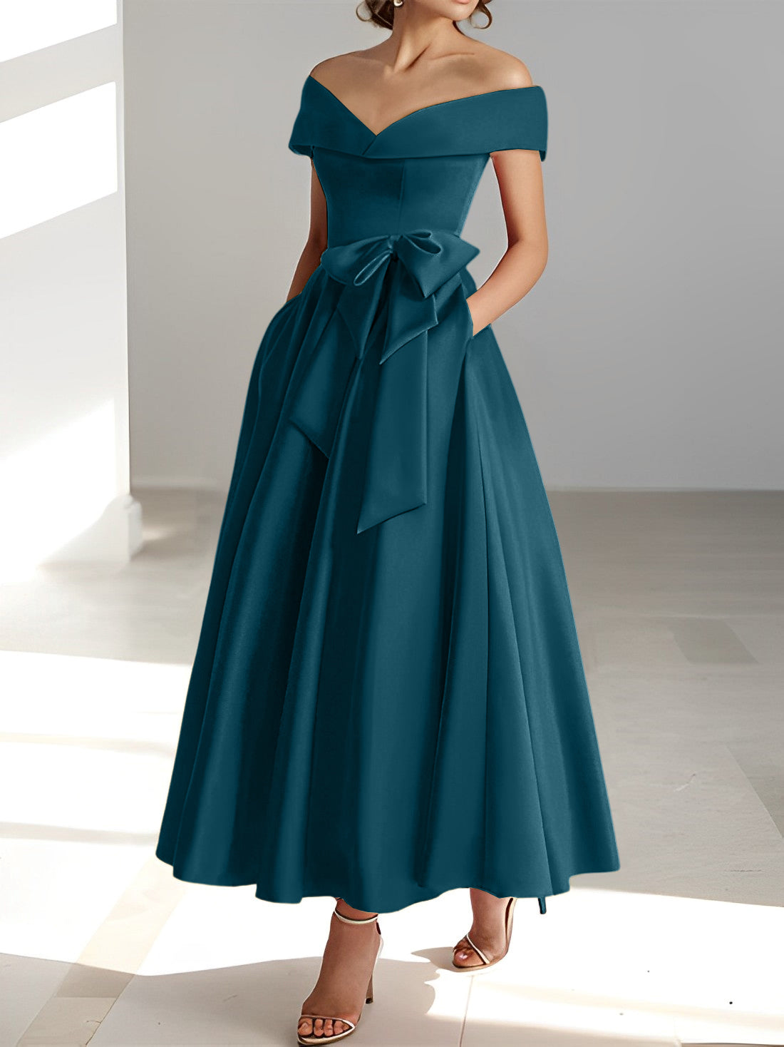 Sleeveless Off the Shoulder A Line Ankle Length Mother of the Bride Dresses with Pockets