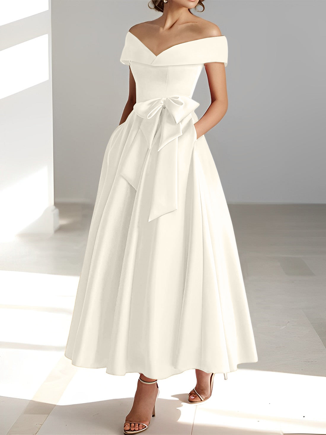 Sleeveless Off the Shoulder A Line Ankle Length Mother of the Bride Dresses with Pockets