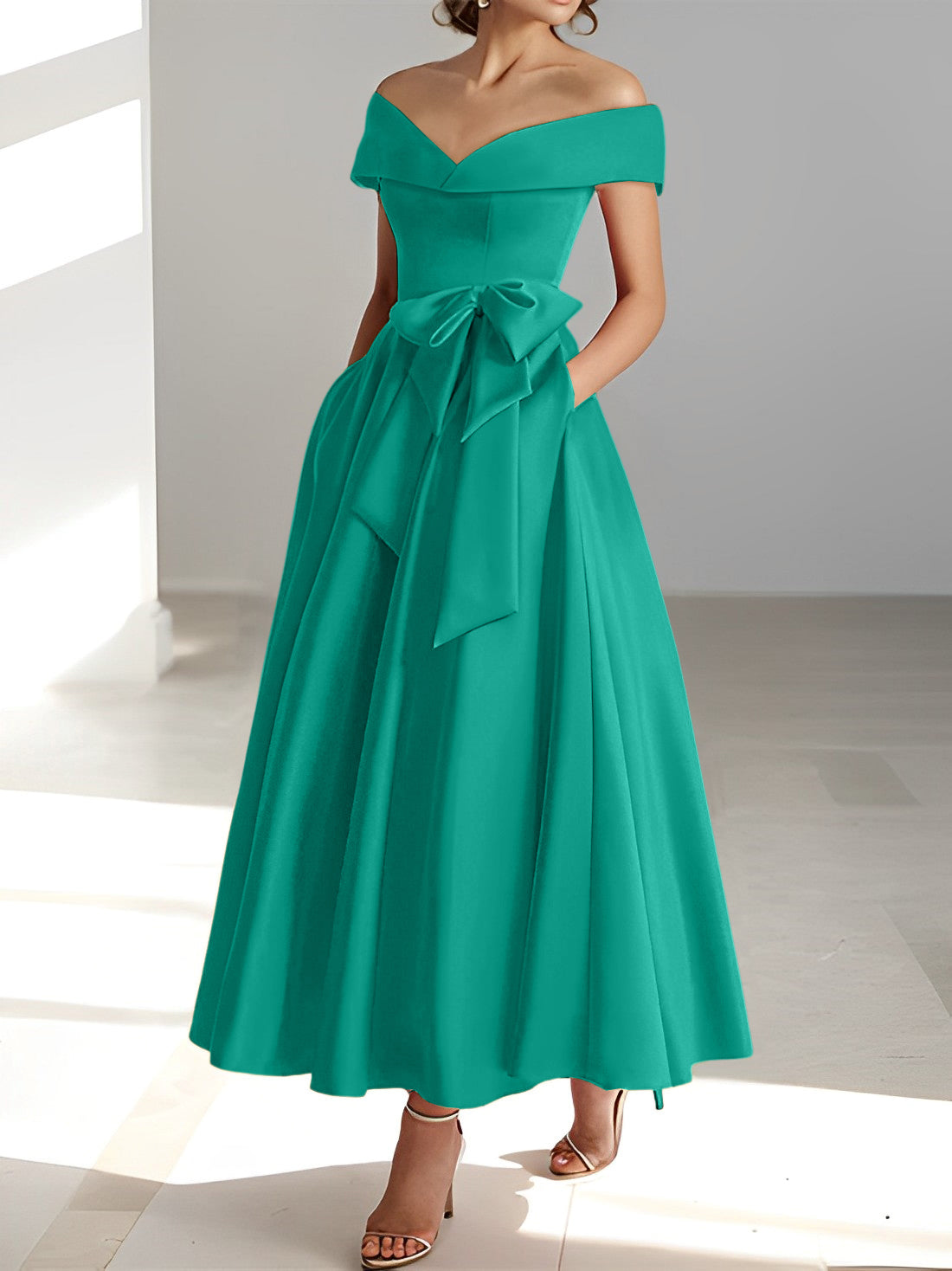 Sleeveless Off the Shoulder A Line Ankle Length Mother of the Bride Dresses with Pockets