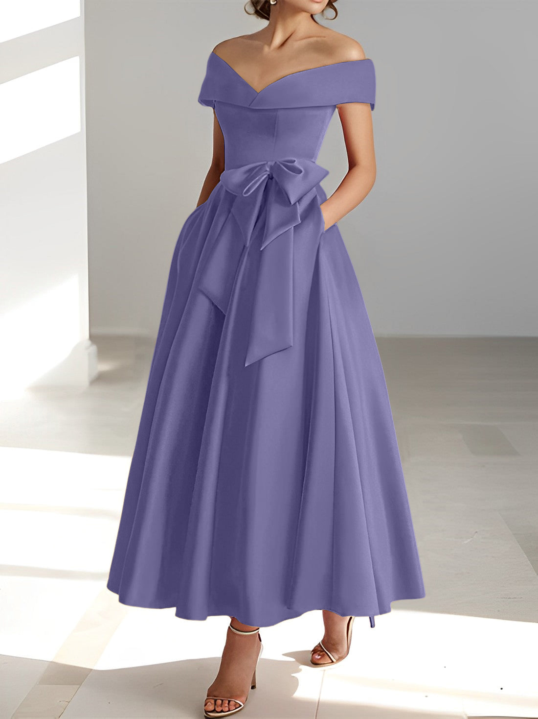 Sleeveless Off the Shoulder A Line Ankle Length Mother of the Bride Dresses with Pockets