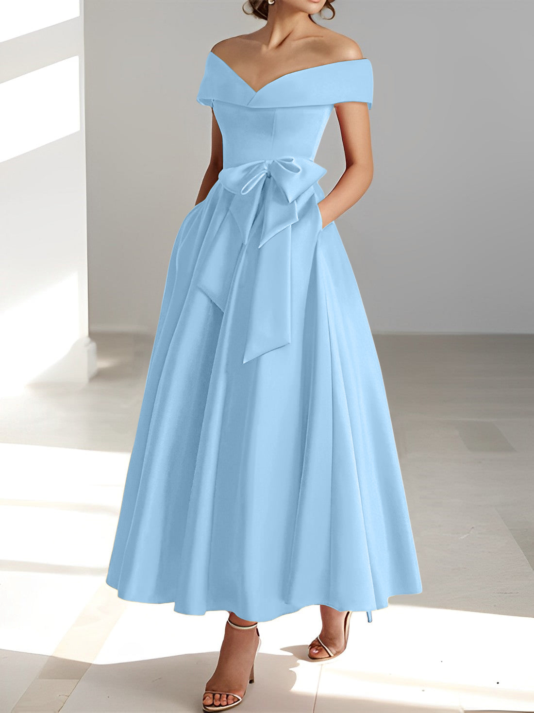 Sleeveless Off the Shoulder A Line Ankle Length Mother of the Bride Dresses with Pockets