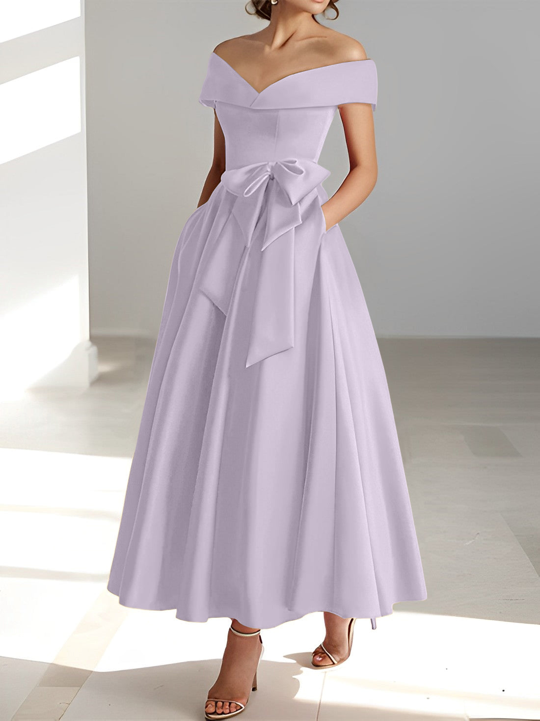 Sleeveless Off the Shoulder A Line Ankle Length Mother of the Bride Dresses with Pockets