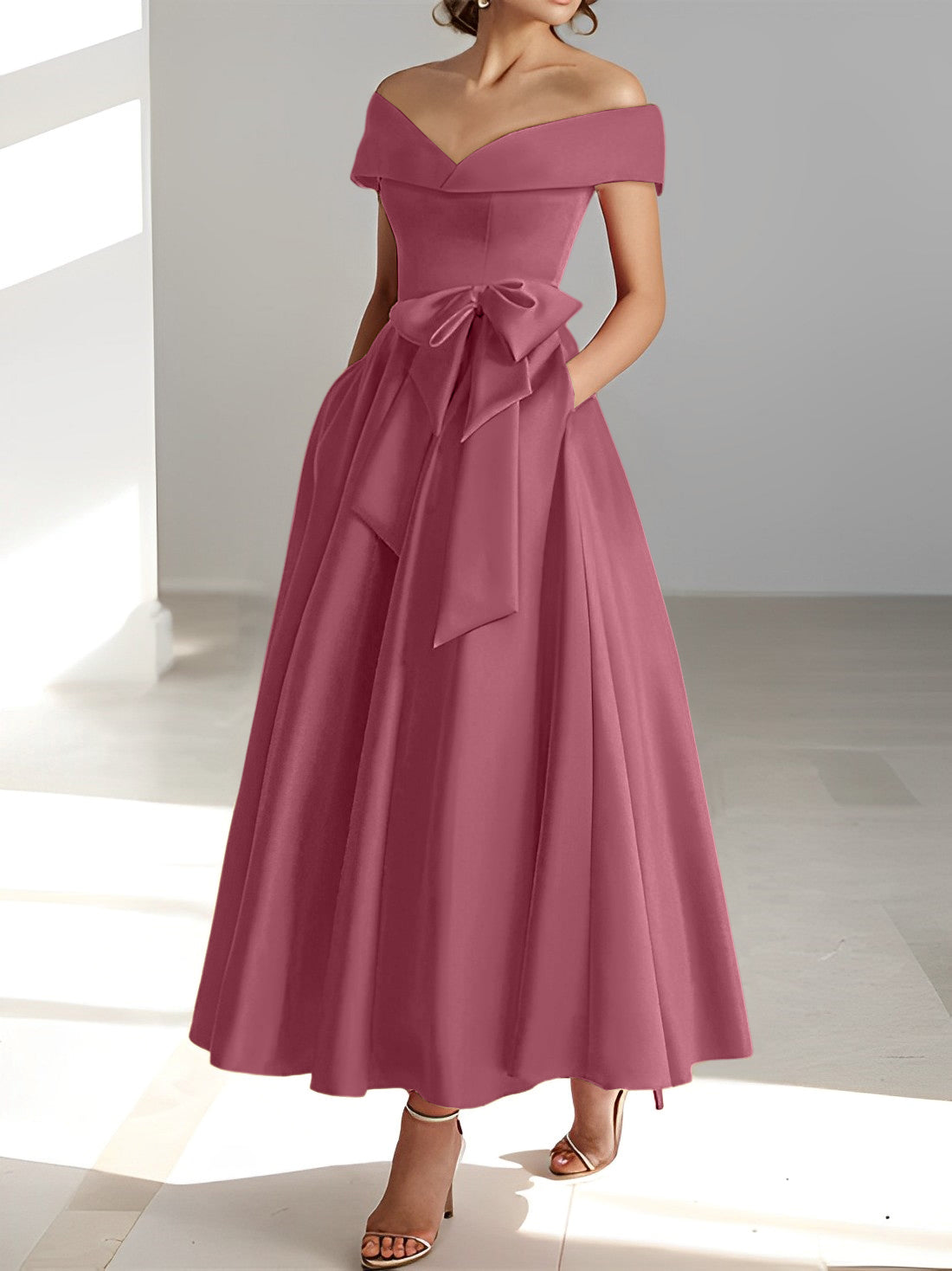 Sleeveless Off the Shoulder A Line Ankle Length Mother of the Bride Dresses with Pockets