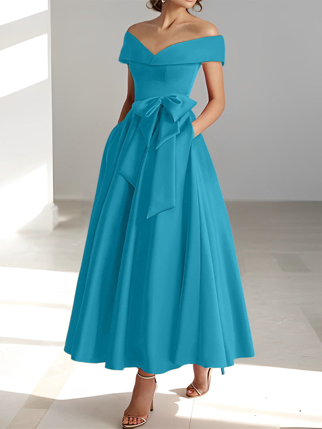 Sleeveless Off the Shoulder A Line Ankle Length Mother of the Bride Dresses with Pockets