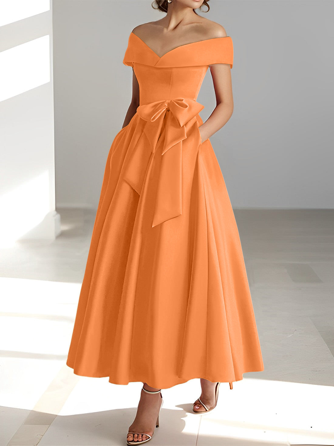 Sleeveless Off the Shoulder A Line Ankle Length Mother of the Bride Dresses with Pockets