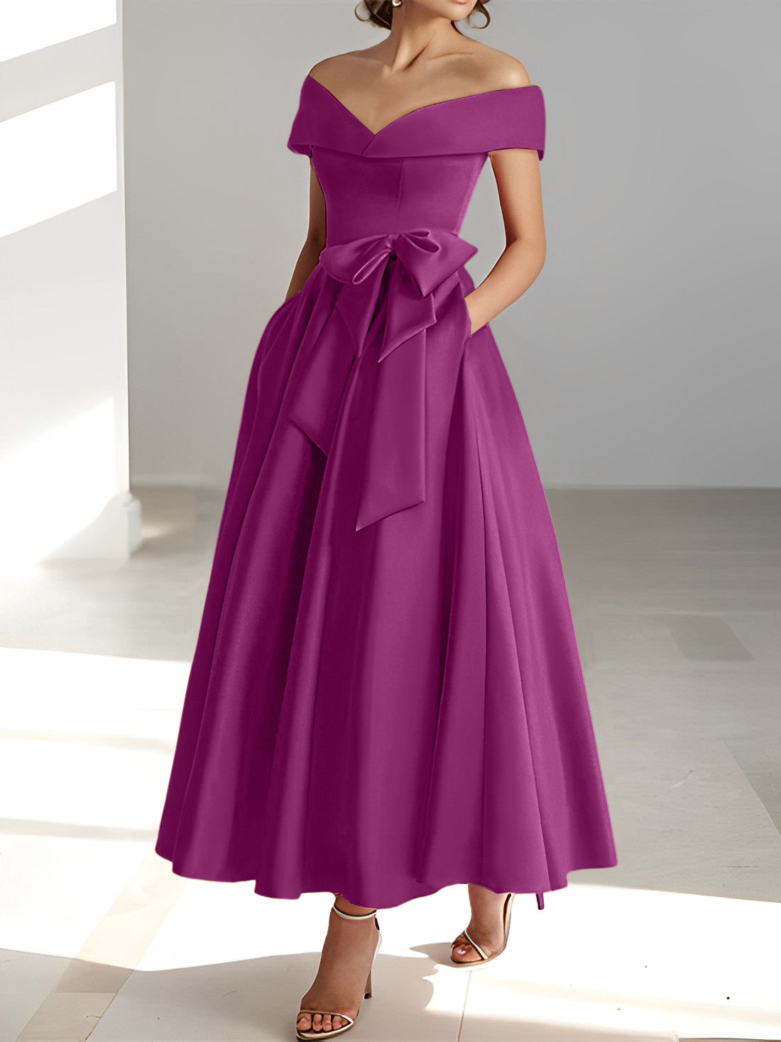 Sleeveless Off the Shoulder A Line Ankle Length Mother of the Bride Dresses with Pockets
