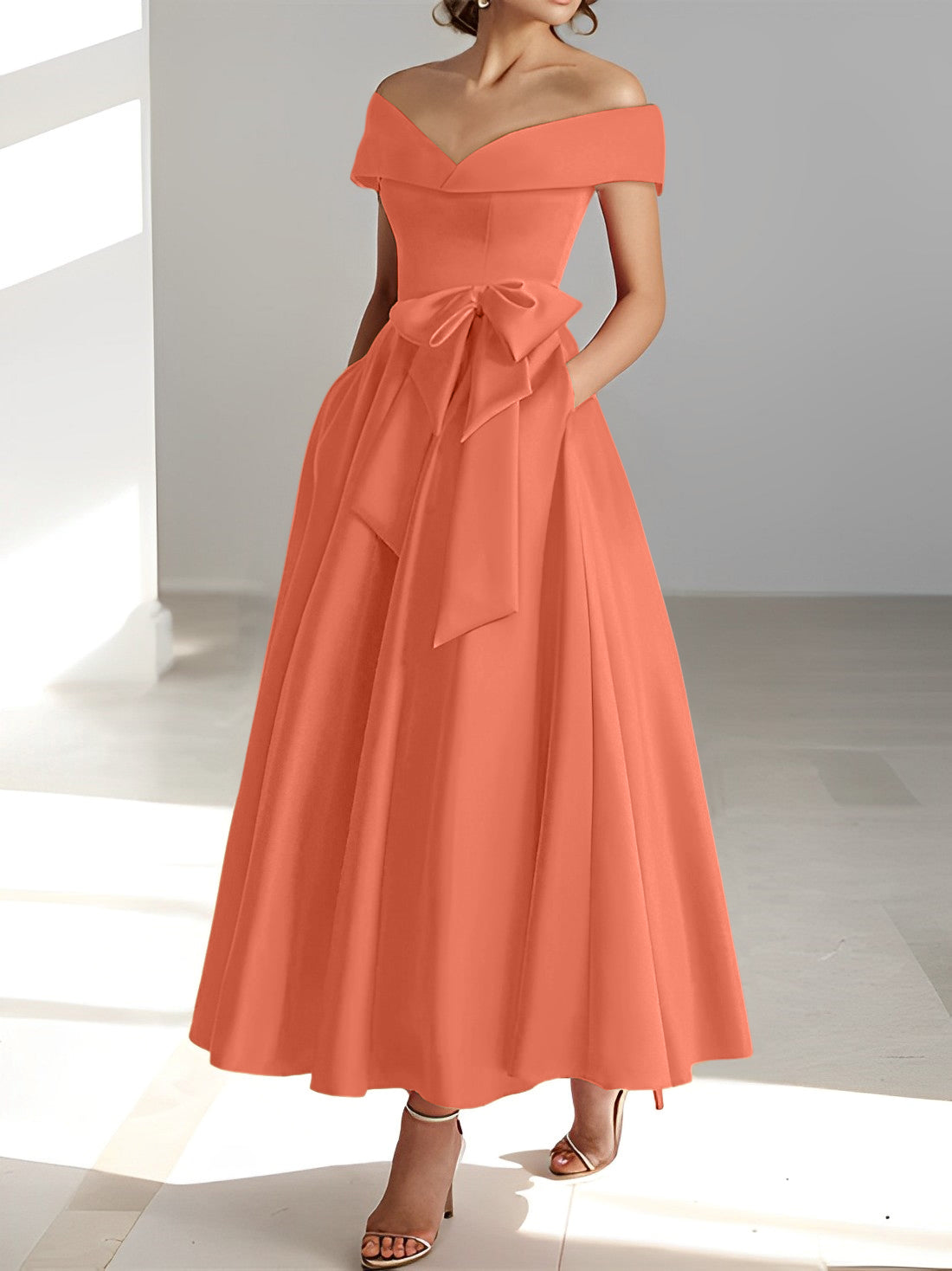 Sleeveless Off the Shoulder A Line Ankle Length Mother of the Bride Dresses with Pockets