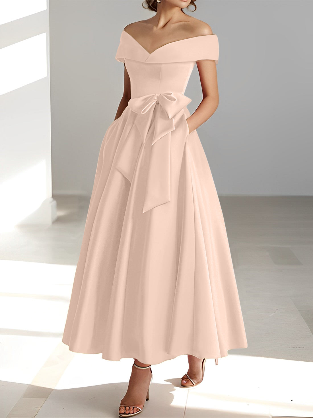 Sleeveless Off the Shoulder A Line Ankle Length Mother of the Bride Dresses with Pockets