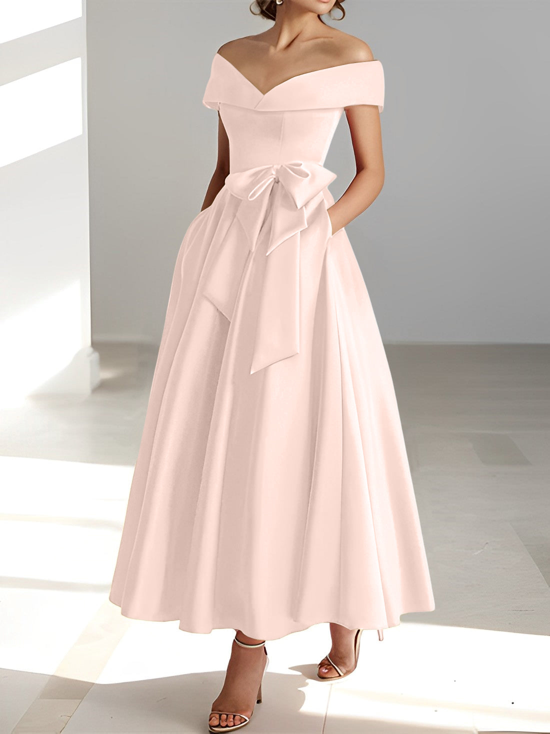 Sleeveless Off the Shoulder A Line Ankle Length Mother of the Bride Dresses with Pockets