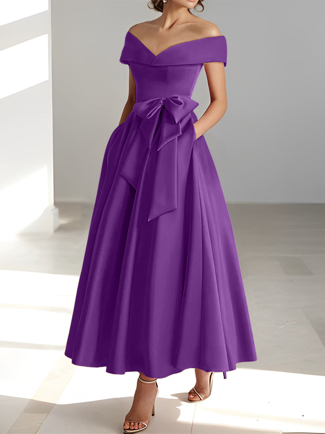 Sleeveless Off the Shoulder A Line Ankle Length Mother of the Bride Dresses with Pockets