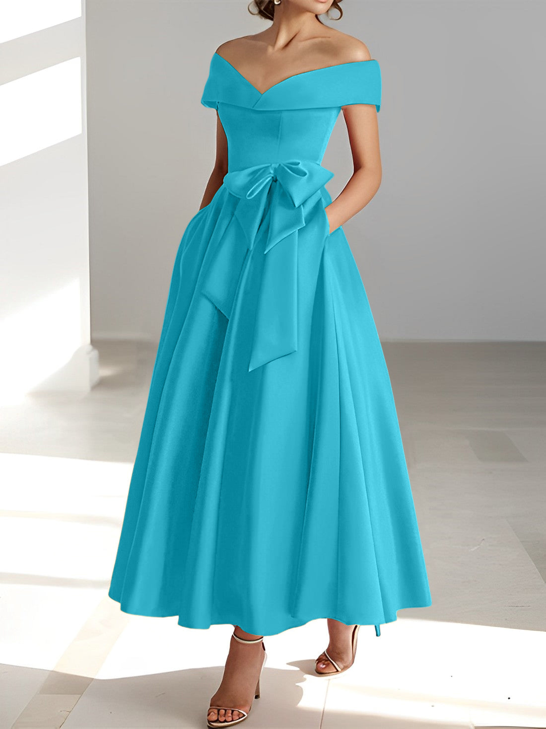 Sleeveless Off the Shoulder A Line Ankle Length Mother of the Bride Dresses with Pockets