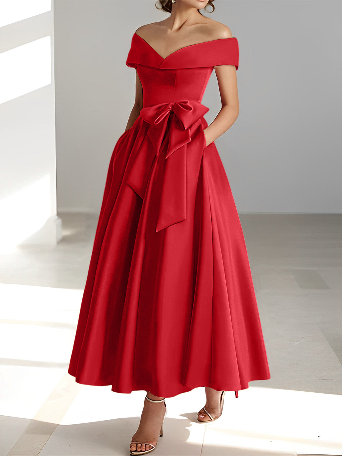 Sleeveless Off the Shoulder A Line Ankle Length Mother of the Bride Dresses with Pockets