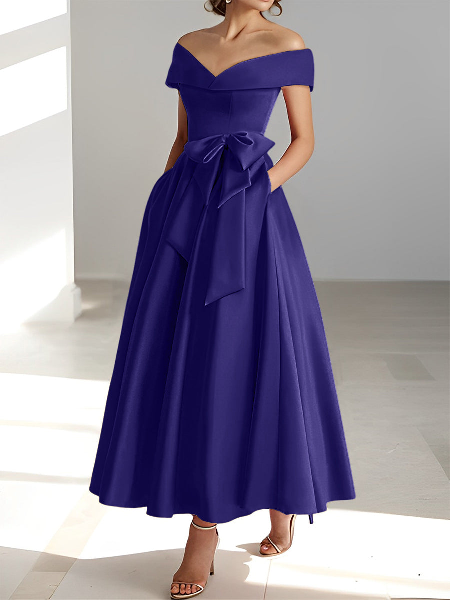Sleeveless Off the Shoulder A Line Ankle Length Mother of the Bride Dresses with Pockets