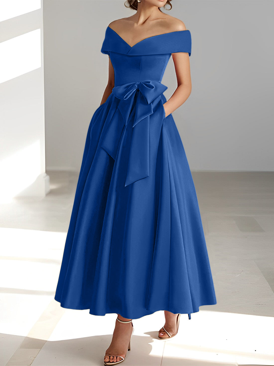 Sleeveless Off the Shoulder A Line Ankle Length Mother of the Bride Dresses with Pockets