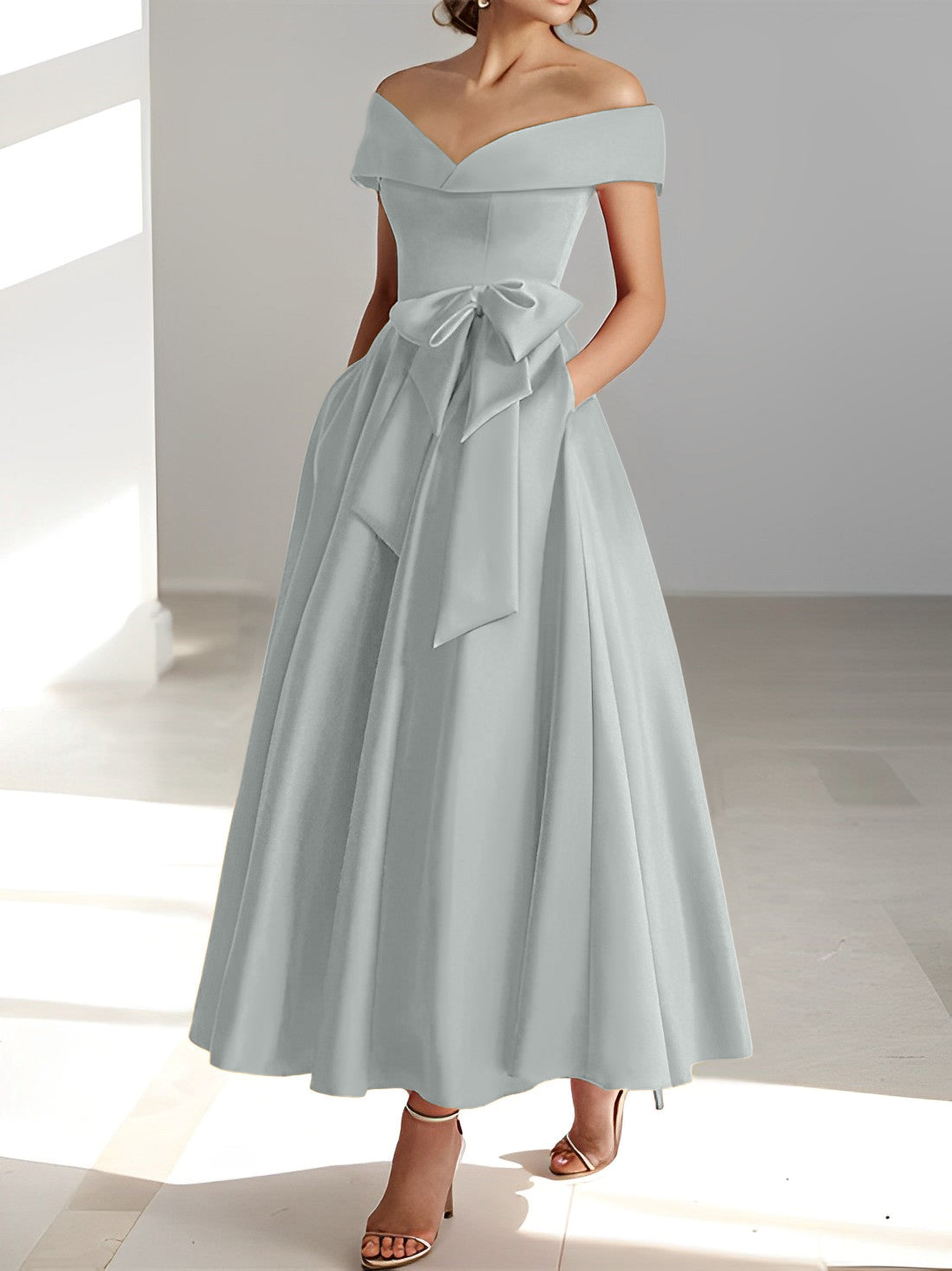 Sleeveless Off the Shoulder A Line Ankle Length Mother of the Bride Dresses with Pockets