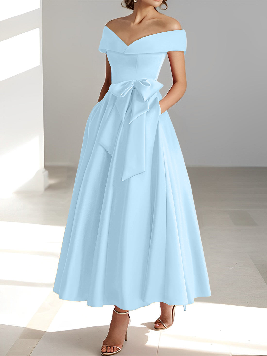 Sleeveless Off the Shoulder A Line Ankle Length Mother of the Bride Dresses with Pockets