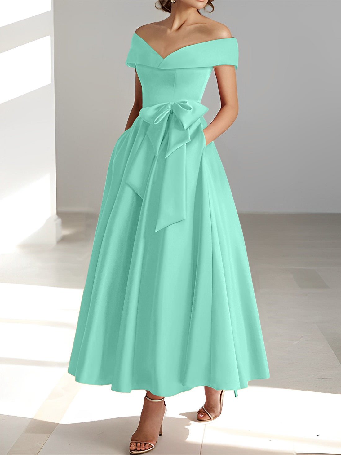 Sleeveless Off the Shoulder A Line Ankle Length Mother of the Bride Dresses with Pockets